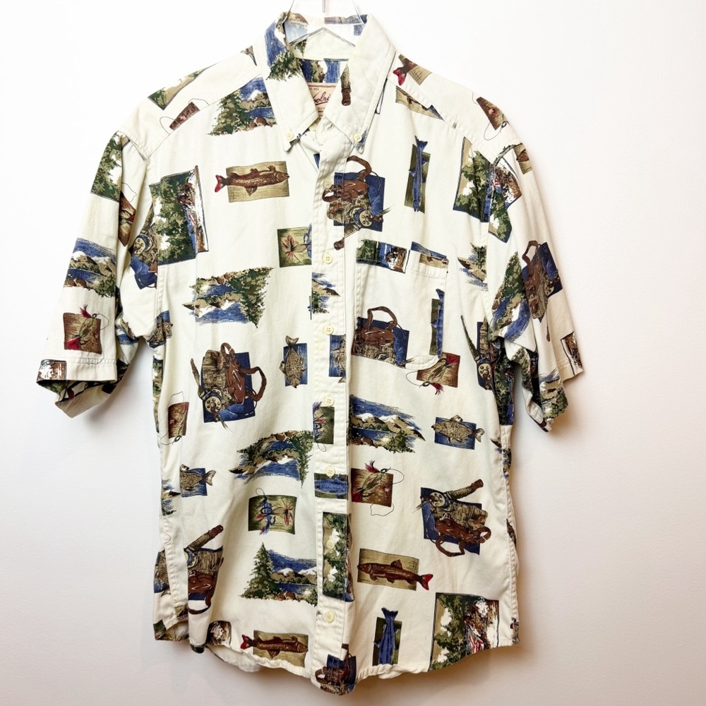 Vintage | Woolrich Cotton Angler Fishing Print Short Sleeved Button Down Shirt